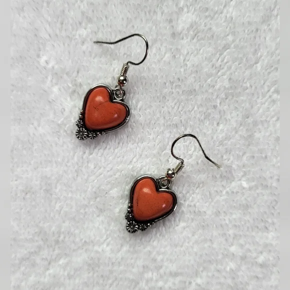 Western Coral Orange & Silver Dangle Heart Earrings  / Pierced - Picture 2 of 5